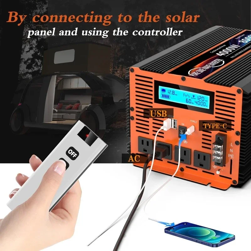 Pure Sine Wave Power Inverter with Type-C Ports 4 AC Po，Family RV Off Grid Solar System Car