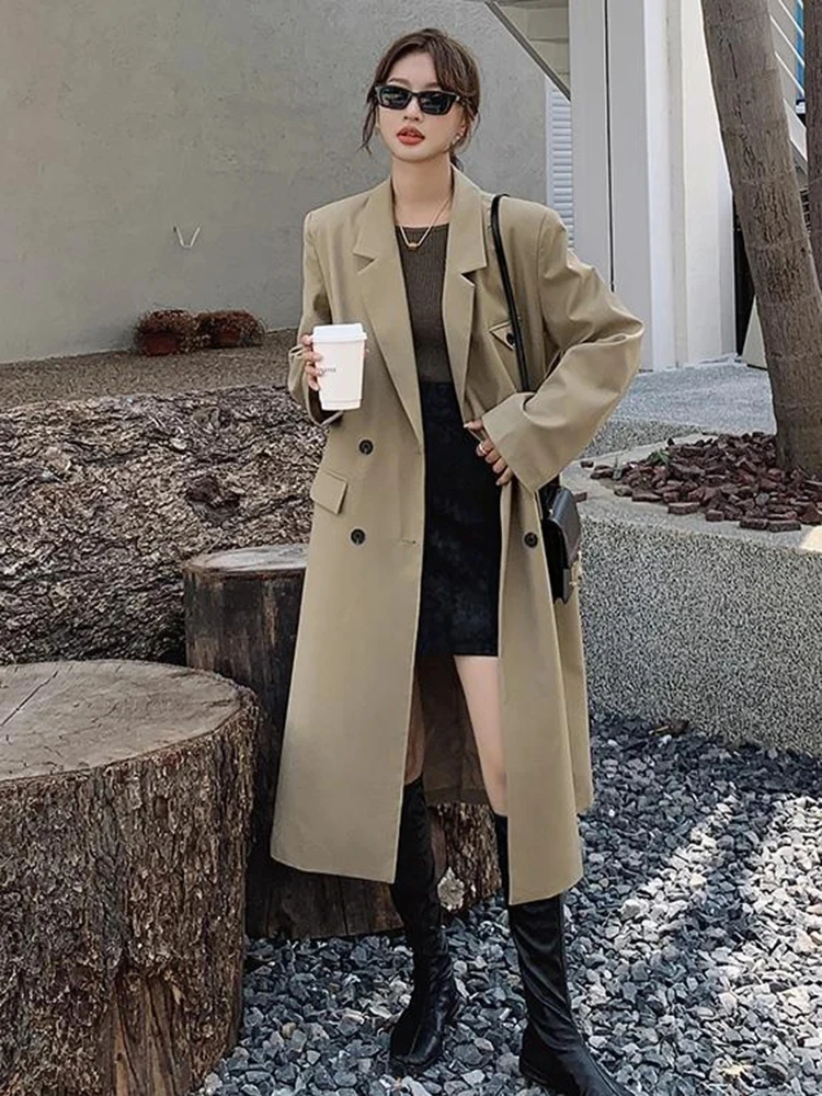 LANMREM Long Trench Coat For Women 2024 Spring New Solid Color Notched Double Breasted Fashion Windbreaker Streetwear 2R6701