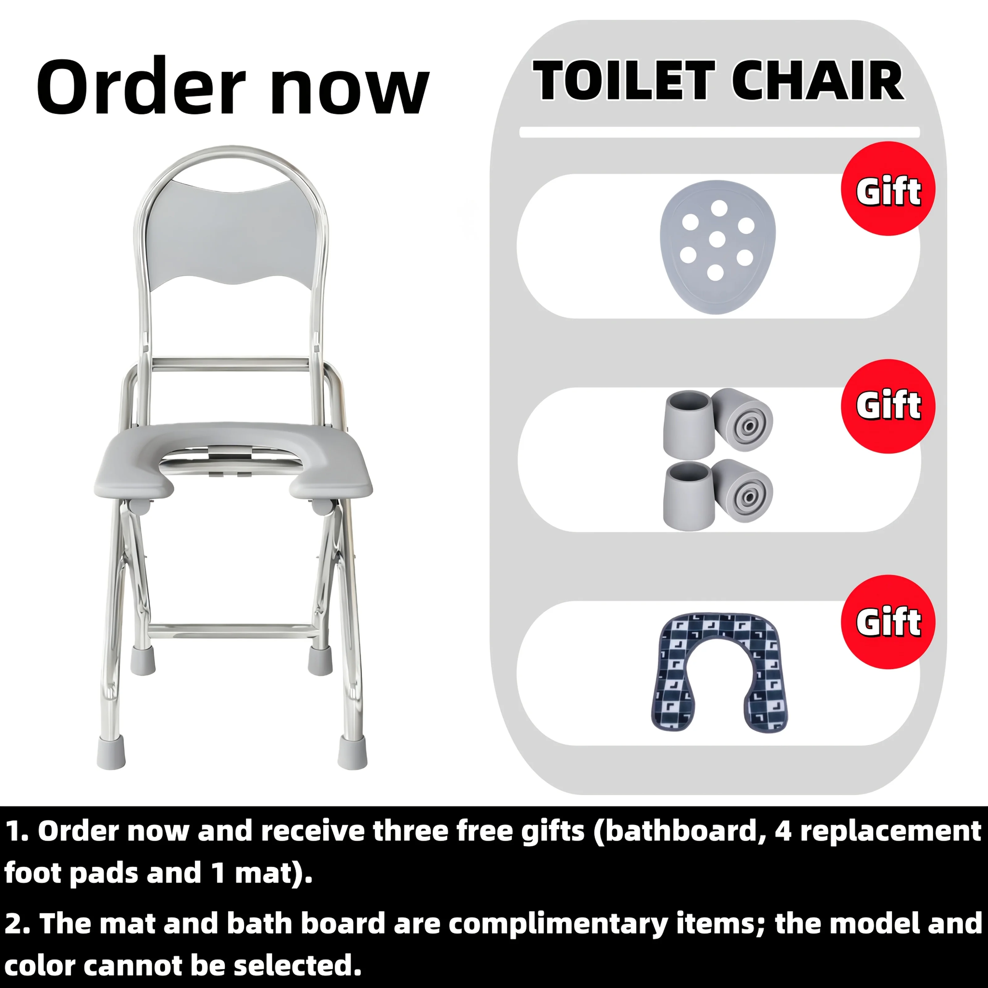 مرحاض من الفولاذ المقاوم للصدأ مع مسند ظهر يأتي مع مجموعة مكونة من 3 قطع (وسادة مقعد + وسادة للقدم + لوح حمام)، حامل عالي ومستقر، حل رعاية وقفة واحدة لاستخدام المرحاض والاستحمام