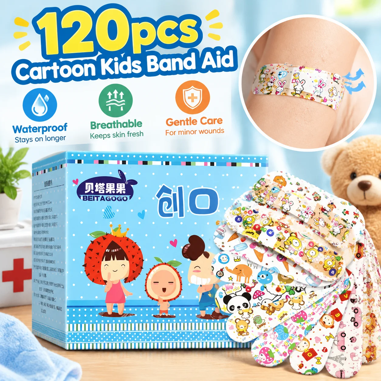 120pcs Cartoon Kids Band Aid Waterproof Breathable Adhesive Bandages for Minor Wounds Vaccine Injection Skin Care