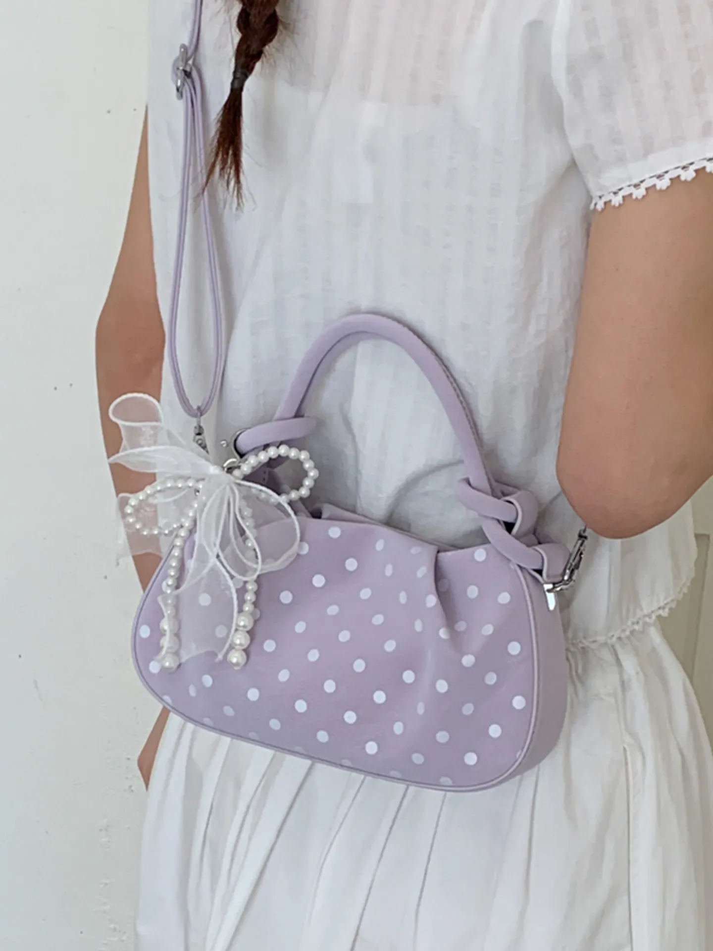 Spring Women Polka Dot Messenger Bags Korean Style Exquisite Pleated Bowknot Pendant Handbags Sweet Fashion Female Shoulder Bag