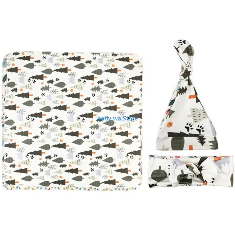 

3pcs Baby with Hat Headband Set Floral Print Nursery Swaddles Wraps 4XBD
