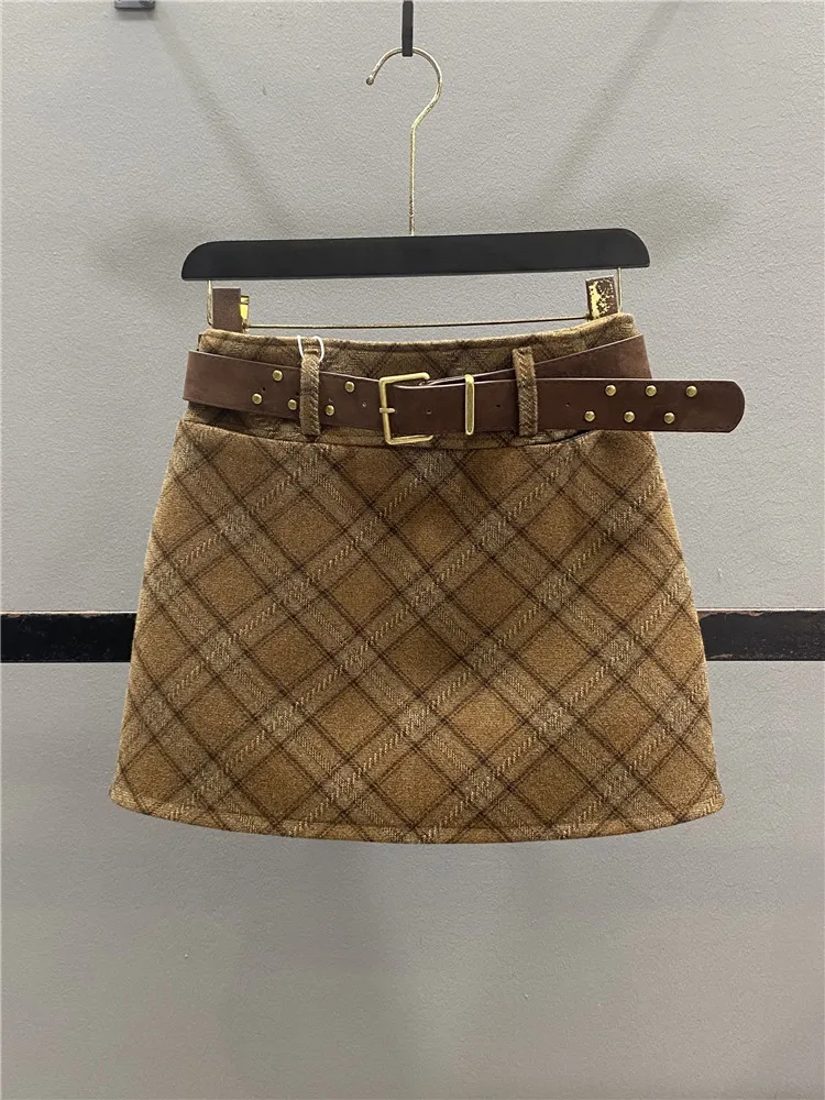 Retro Grey Plaid Woolen  Skirt Slimming Sexy A-Line Wrap around Short Skirt High Waist Zipper Style Casual Cotton Polyester