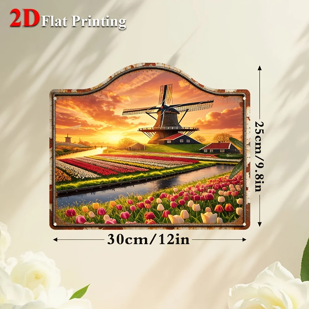 1pc 2D Flat Sign Artwork Depicting A Colorful Windmill And Tulip Field Scene, Ideal For Decorating Your Living Room, Bedroom