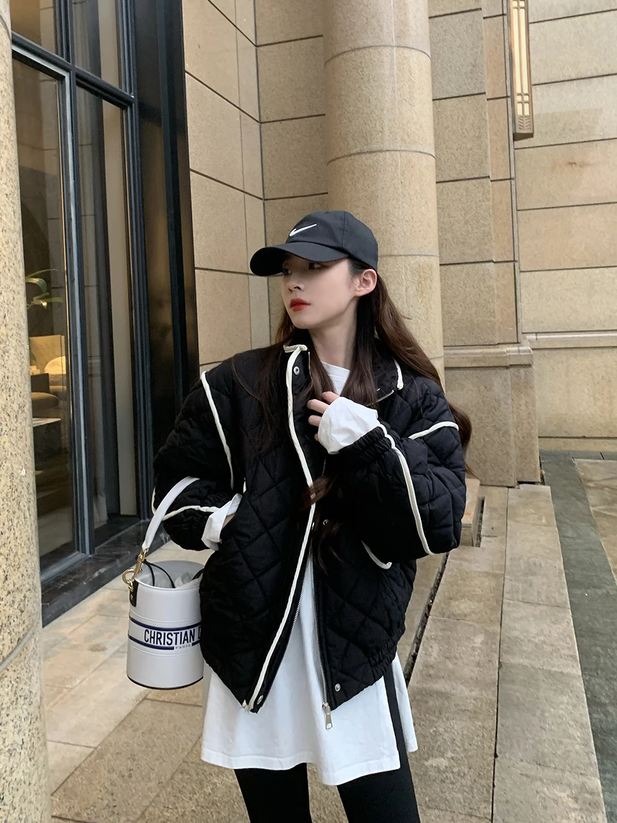 

SIMONA Baseball Girl Casual Loose ort Coat Contrast Color Bla White Straight Line Design Cotton Jaet Thiened Long Sve