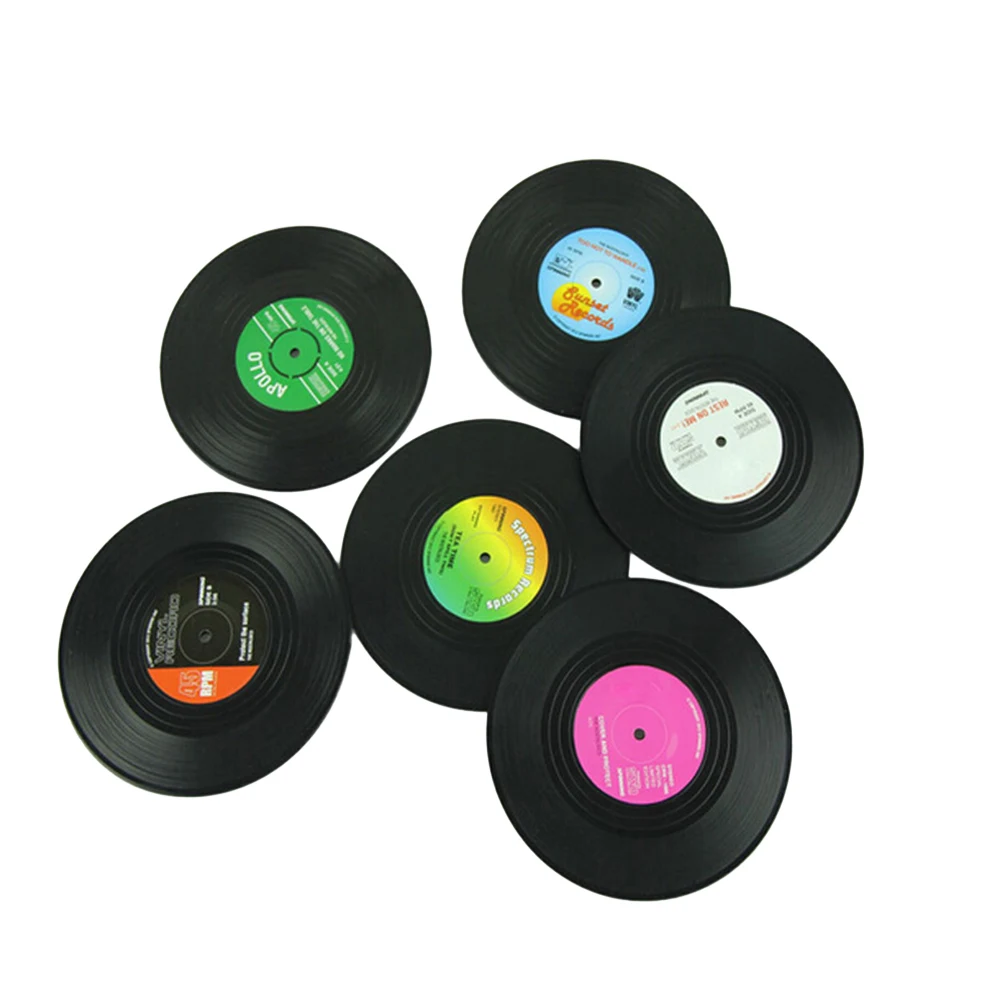 

6 Retro Coasters Set Vinyl Disk Anti Slip Environmental Material Drinks Coaster Protection Glass Beer Hot Cold