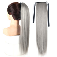 Jeedou Synthetic Ponytails Light Silver Gray Color Hair Extension Ribbon Drawstring Straight Wavy Ponytail Cosplay Hairpiece