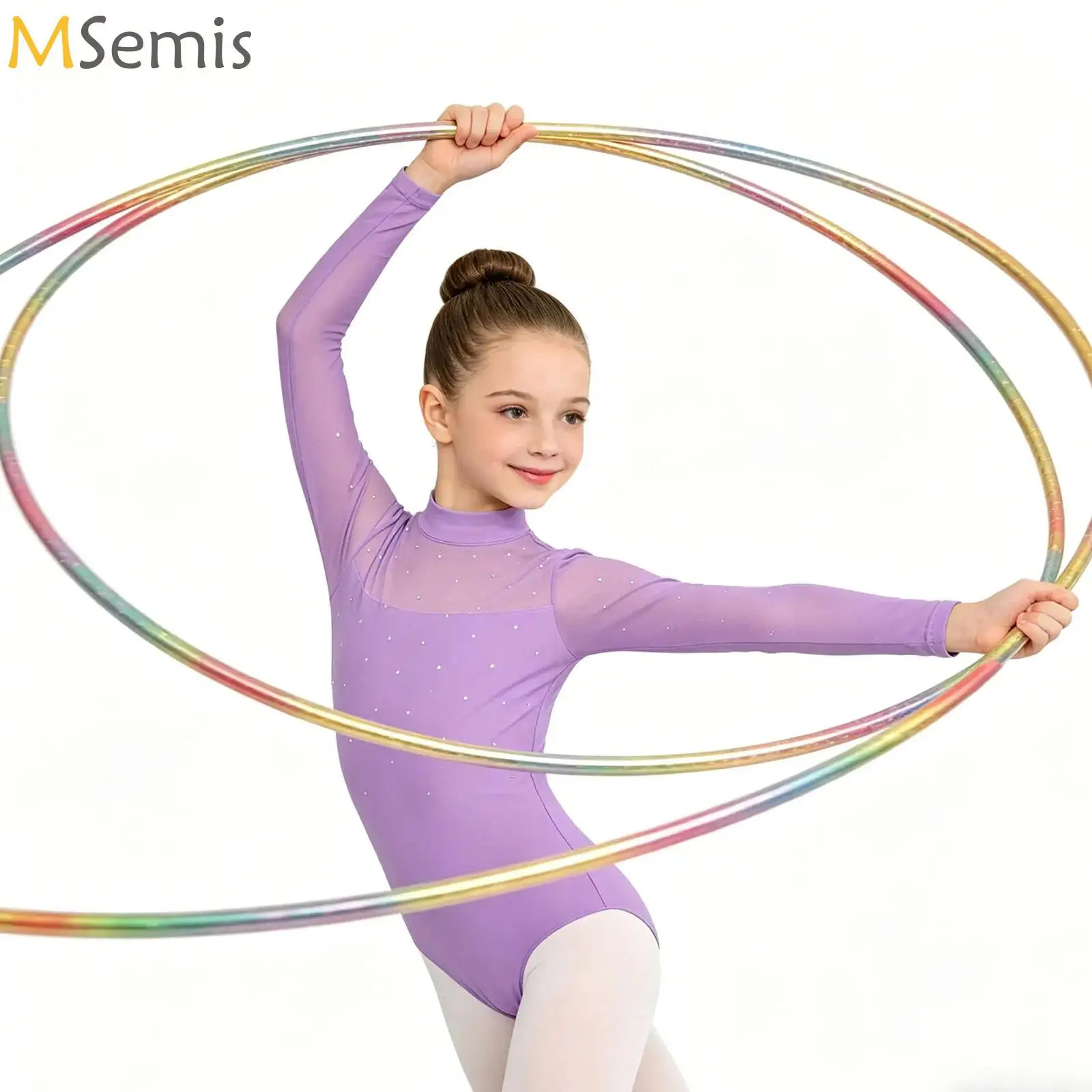 

Kids Girls Long Sleeve Ballet Leotards Dance Costume Rhinestone Mesh Patchwork Gymnastics Workout Training Bodysuit Dancer Wear