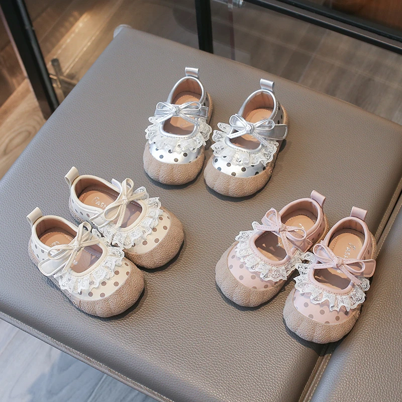 Girls Mary Jane Shoes Polka Dot Lace Bow-knot Children Flats Casual Sneakers Soft Sole Non-slip Baby First Walker Shoes