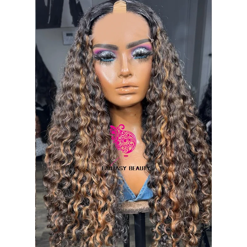 

Easy Wear 180Density Long Curly U Part Wig 100% Human Hair Glueless Brown Highlight 1x4 Size V Part Wigs Thick Ends Glueless Wig