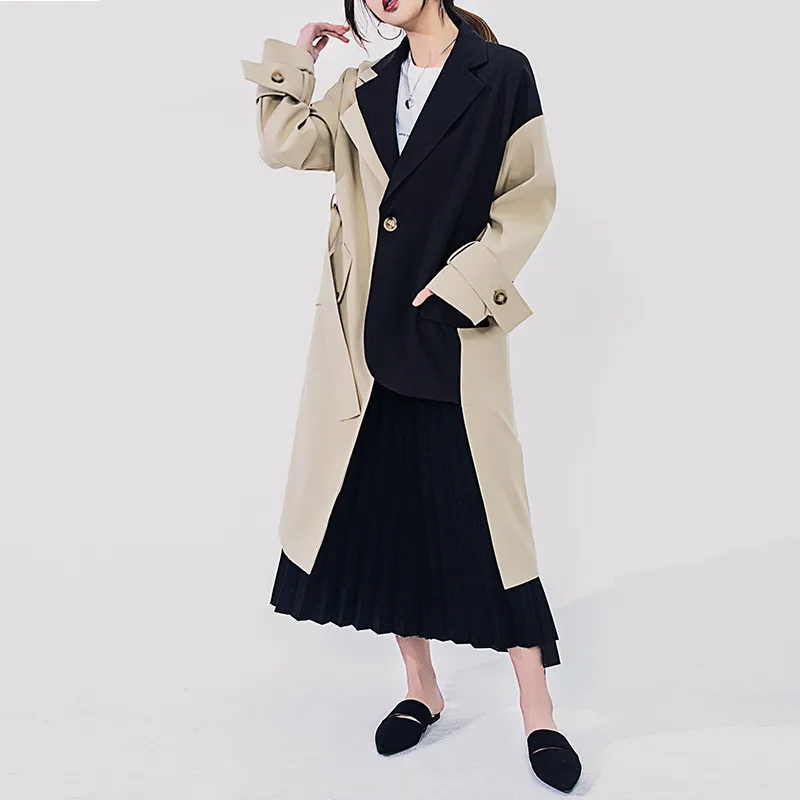 

Women Trench Coat Nice Spring Autumn New Contrast Color Splice Windbreaker Female Suit Collar Long Sleeve Casual Outerwear R489