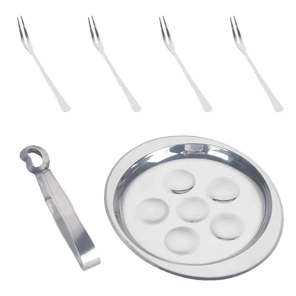 

1 set 1 Set Stainless Steel Escargot Plate 6 Hole Shellfish Serving Dish With Grooves Fork Clamp Set Snail Plate Dishwasher Safe