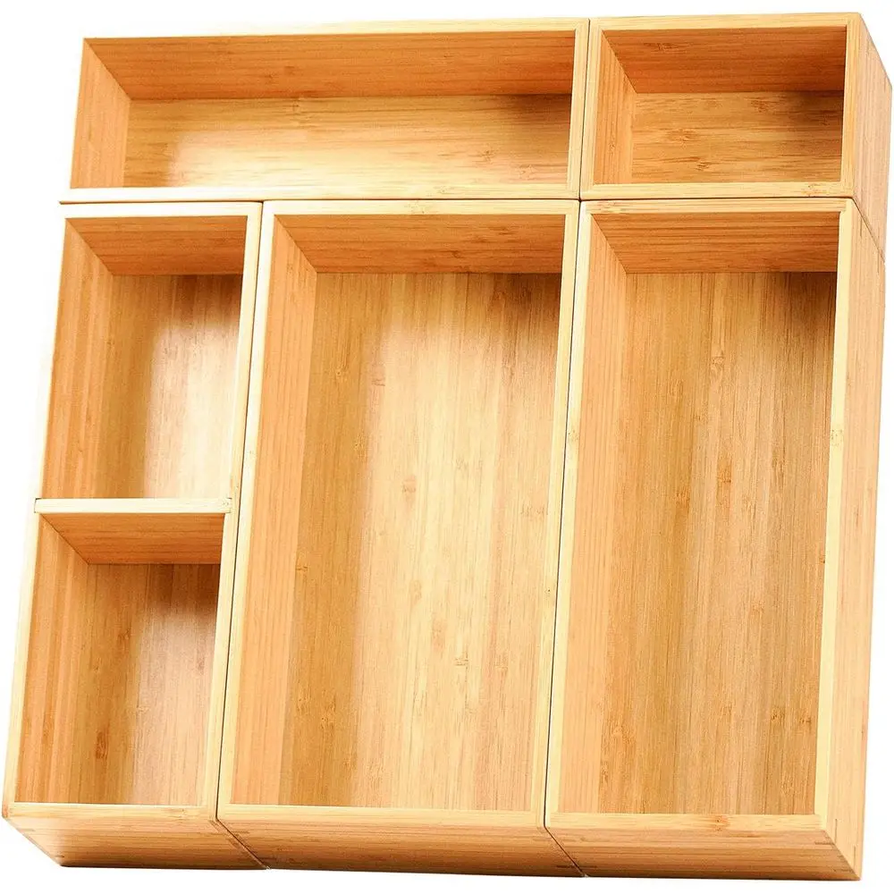 

Organizer Storage Boxes, 2.5 High Bamboo Dividers, 5 Rearrangeable Bins, Kitchen, Office Desktop, Clothing, Makeup, Vanity, Laun