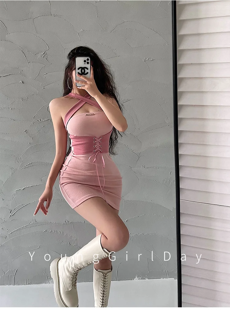 TVVOVVIN Hot Girl Style Sexy Open Back Lace Up Waist Tight Thin Neck Dress Hip Wrap Mini Dress Pink Hot Sexy Sweet Korean 0P55