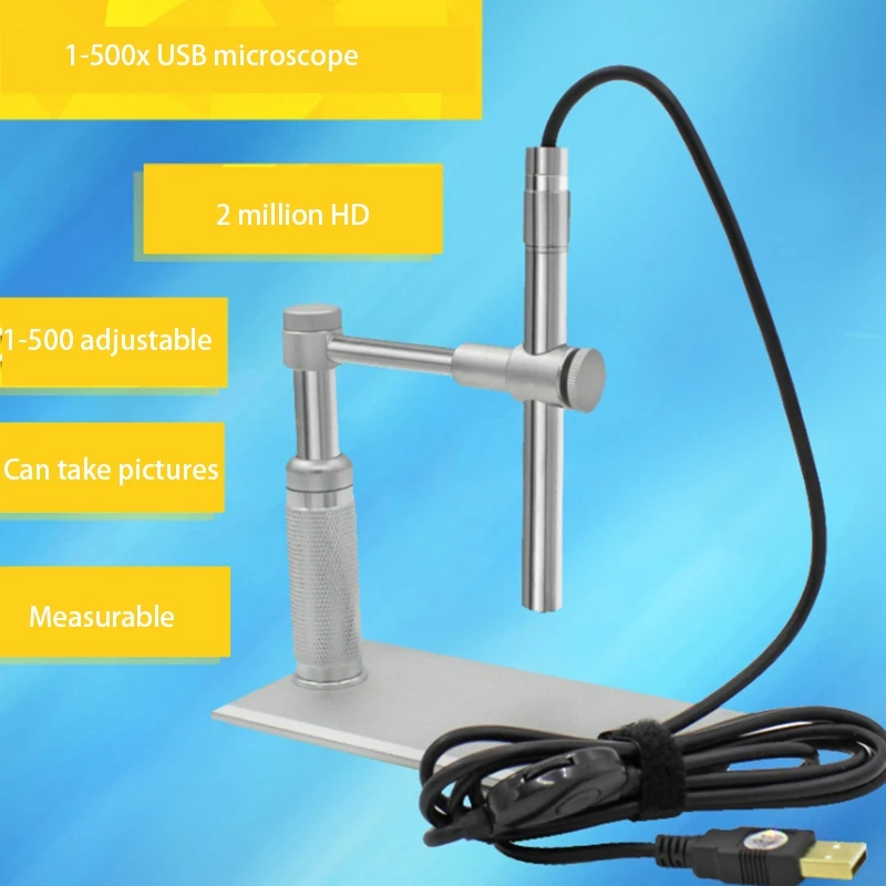 2MP USB Digital Microscope 500X 8 LED Camera Stand Microscopy CMOS Sensor 2 Megapixel Light Source Control Wheel Adjust