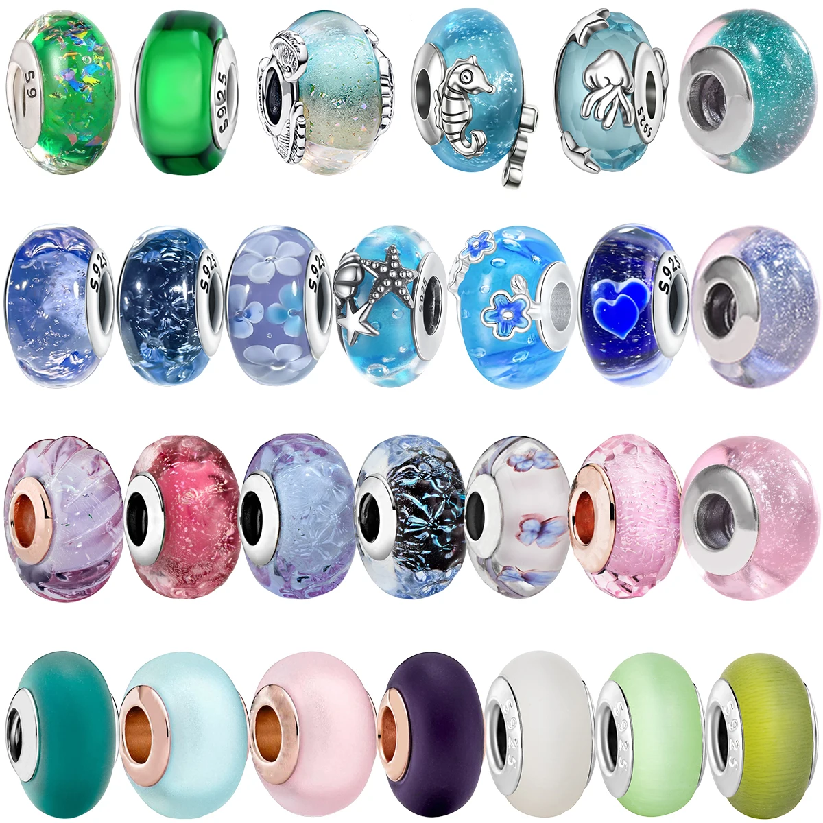 Breloque en verre de Murano en argent sterling 925, motif hippocampe, méduse, cœur, plume, perle compatible avec bracelet original, pour femme, fabrication de bijoux fins DIY