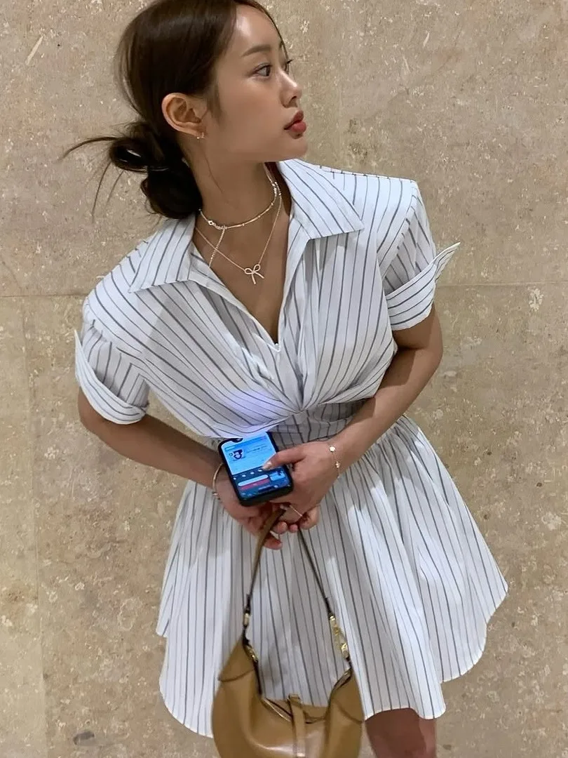 

Летнее винтажное платье в полоску для похудения irt Dr Chic со сборкой на талии, женское повседневное платье с воротником в сложенном виде Dr Sli