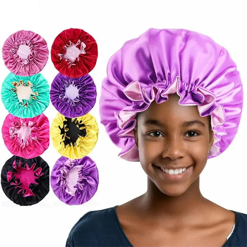 

Reversible Double Layer Wrinkled Edge Satin Bonnets Matching Colors Sleeping Hat Night Sleep Cap For Women Shower Cap