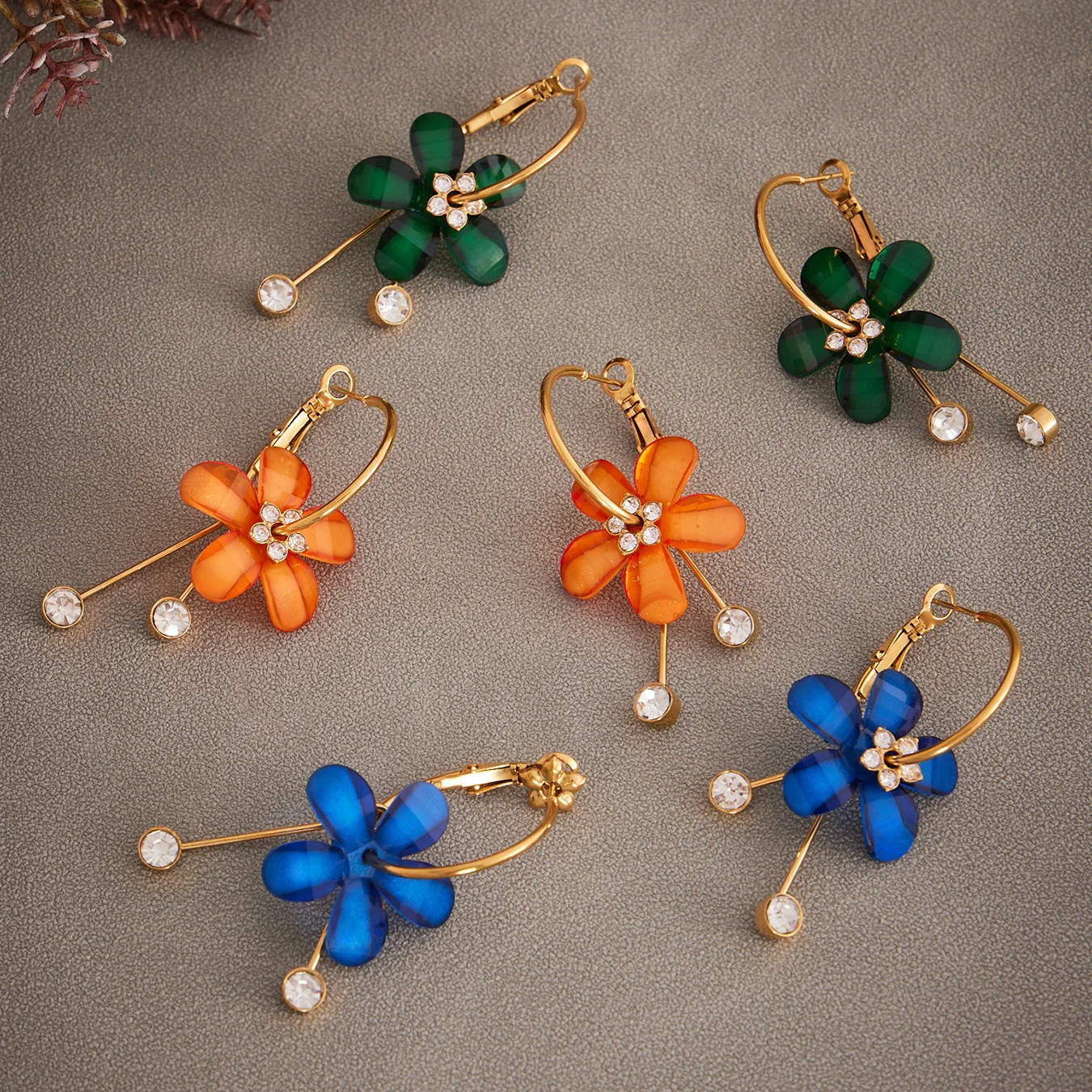 New Colorful Resin Flower Earrings For Women Shiny Zircon 316 Stainless Steel Gold-Plated Drop Earrings Bohemia Jewelry Gift