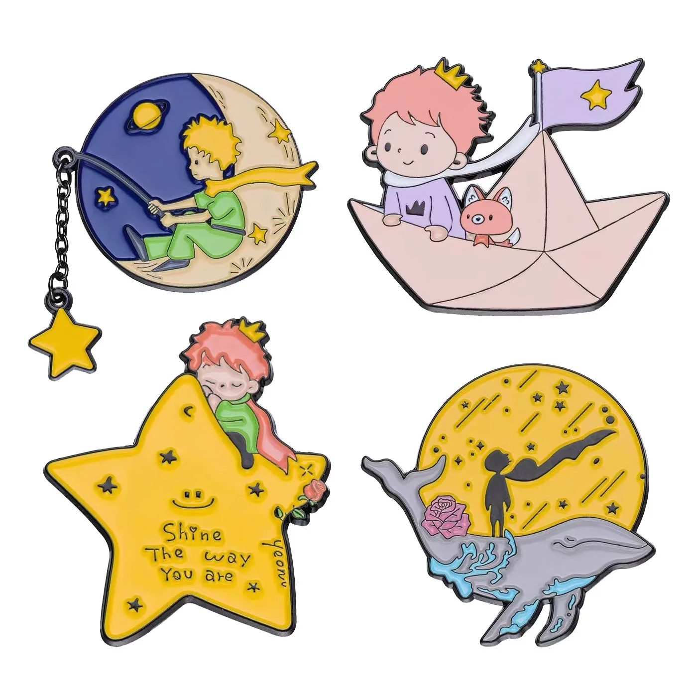 Wholesale 24PCS Set Prince Brooch Pin Badge Enamel Moon Planet Fishing Star Whale