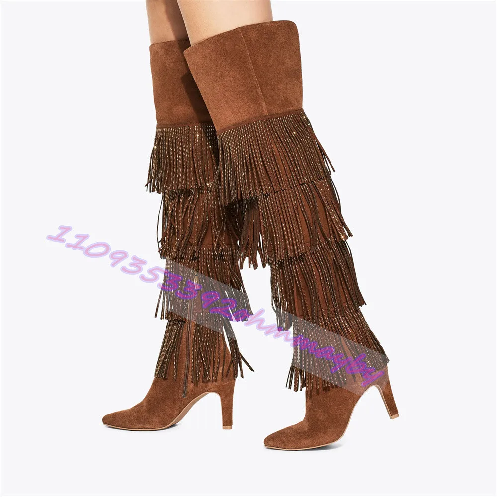 Women Retro Cowgirl Knee High Tall Boots Faux Suede Multi Layer Fringe Pointed Toe Stiletto Heel Western Fashion Party Long Boot