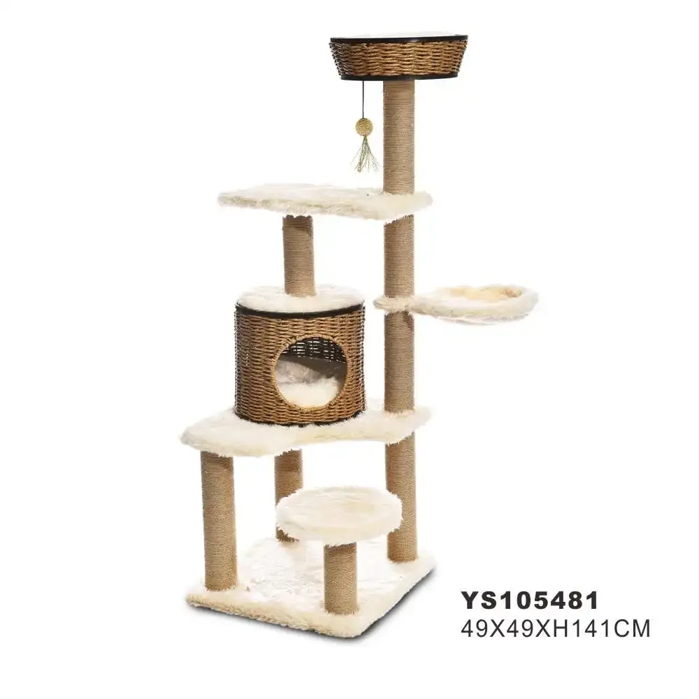 Modern Tall Cat Tower Scratching Posts Condos Top Perch Rattan Wooden Cat Tree