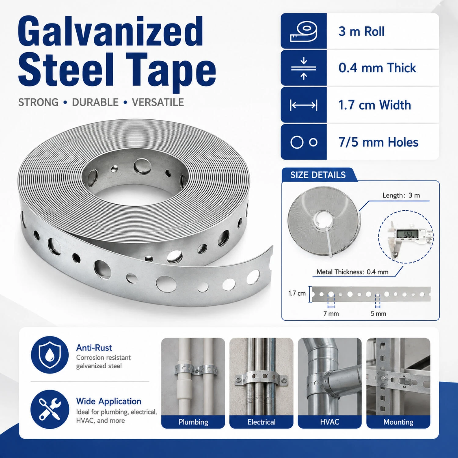1-2 Roll 3meter Galvanized Steel Perforated Strap, Pre-Punched Multi-Slot Metal Hanger Tape for Pipe Support Sheet Metal Fixing