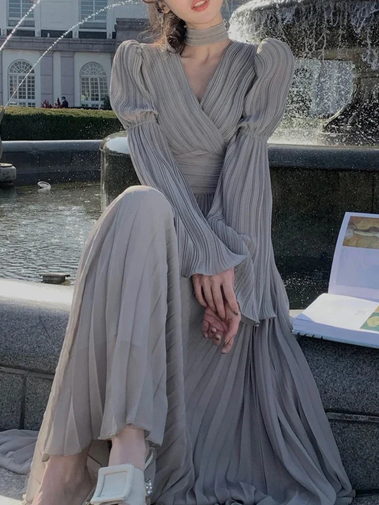 Korean Version Fashiona Fairy Pleated Party Evening Dress Spring Casual YK2 French Elegant Women Ruffled Irregular Long Dress