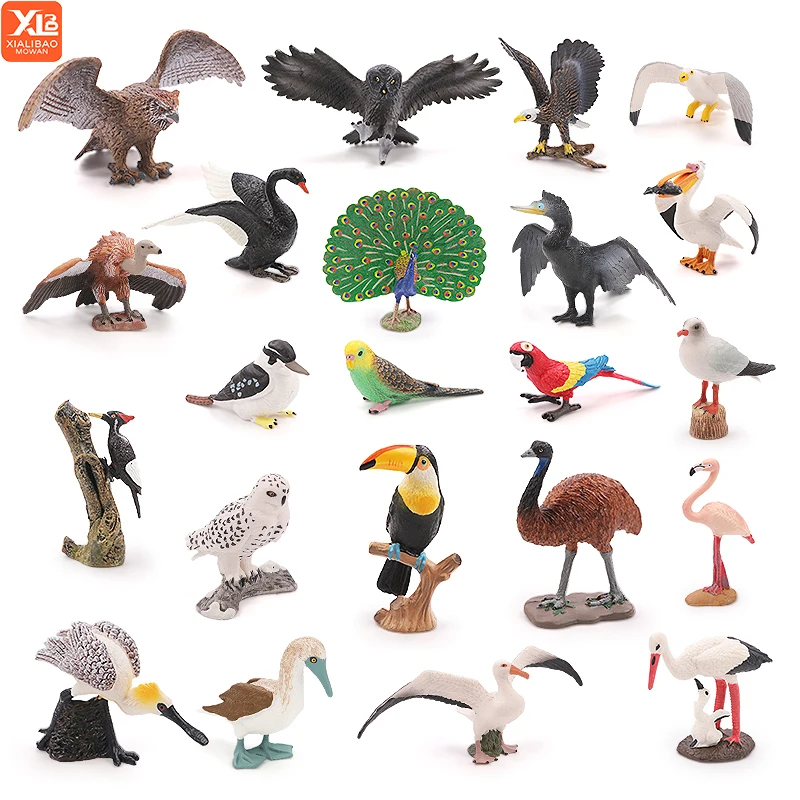 Miniature Classic Bird Animal Action Figures Set - Flamingos Parrot Sea Mew Peacock Owl Ostrich Educational Toy Model for Kids