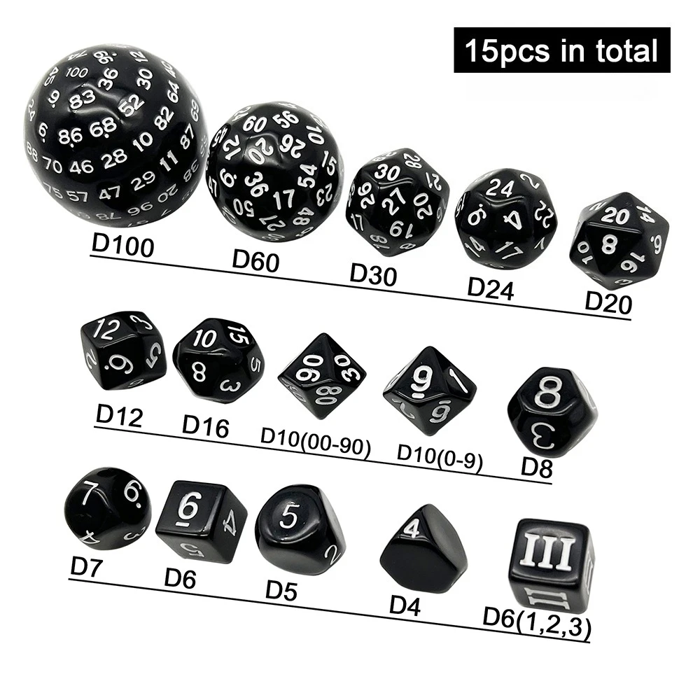 

15pcs/set Polyhedral Dice D3-D100 Opaque Black DND Dice with Bag for Board Game Role Playing Game
