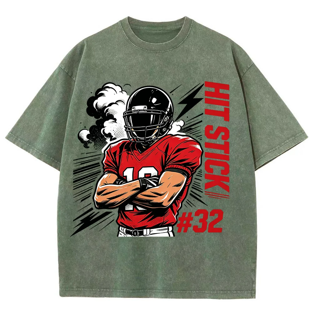 Men Vintage Washed T Shirt Football HIT STICK Graphic Oversized Short Sleeve Cotton Summer Casual Loose Harajuku Tops