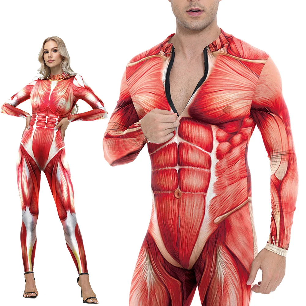

2025 New Halloween Unisex Human Muscle Print Bodysuit Adult Anime Carnival Party Cosplay Stage Performance Elastic Bodysuit Suit