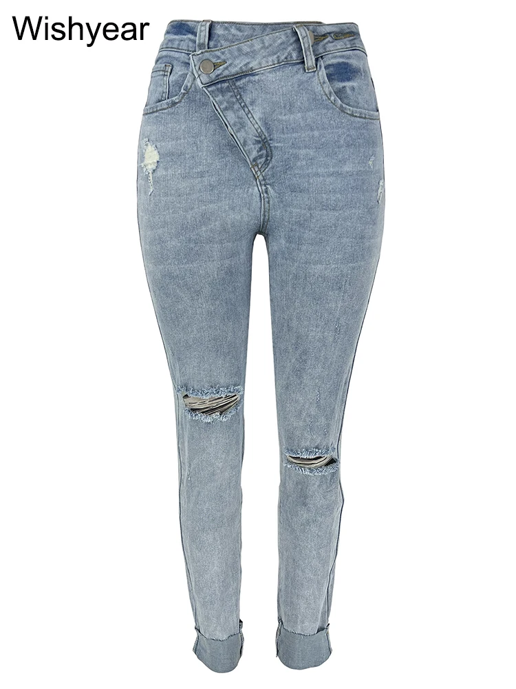 Slanting Button Skinny Jeans Washing Ripped Denim Hole Pencil Pants Slim Pockets High Street Blue Strech Trousers Women Bottoms