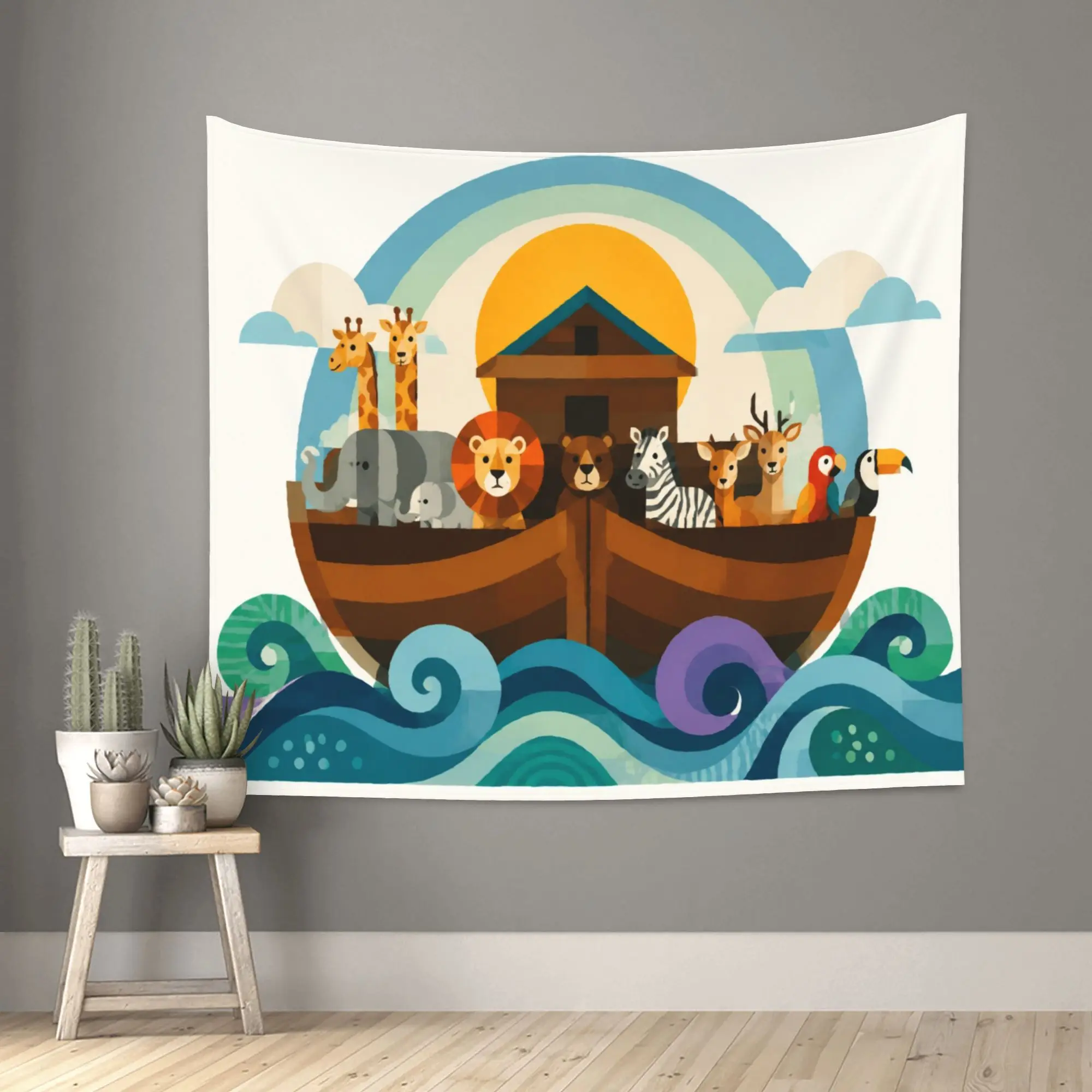 Tapiz Decorativo para Pared de Habitación Infantil con Diseño de Barco de Aventura en la Selva Safari, Arte Bohemio de Vida Silvestre, Regalo Tropical para Niños, Poliéster