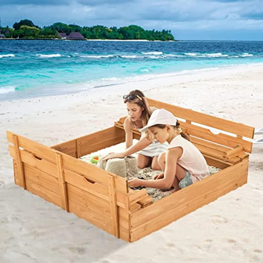 Backyard sand box for kids, cedar wood, natural color, with lid, convertible bench seats, protective bottom liner, 47 x 47 in
