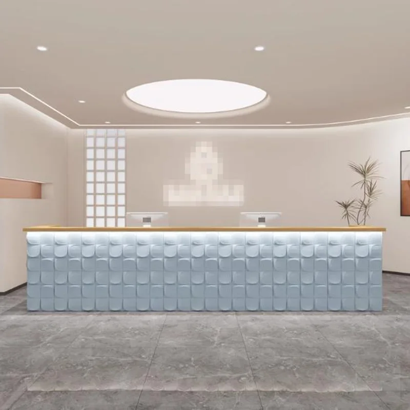 ترحيب مكاتب الاستقبال في الفندق تصميم الشركة مكاتب الاستقبال درج الزاوية أضواء LED الأثاث الأبيض Comptoy Accueil العصرية #3