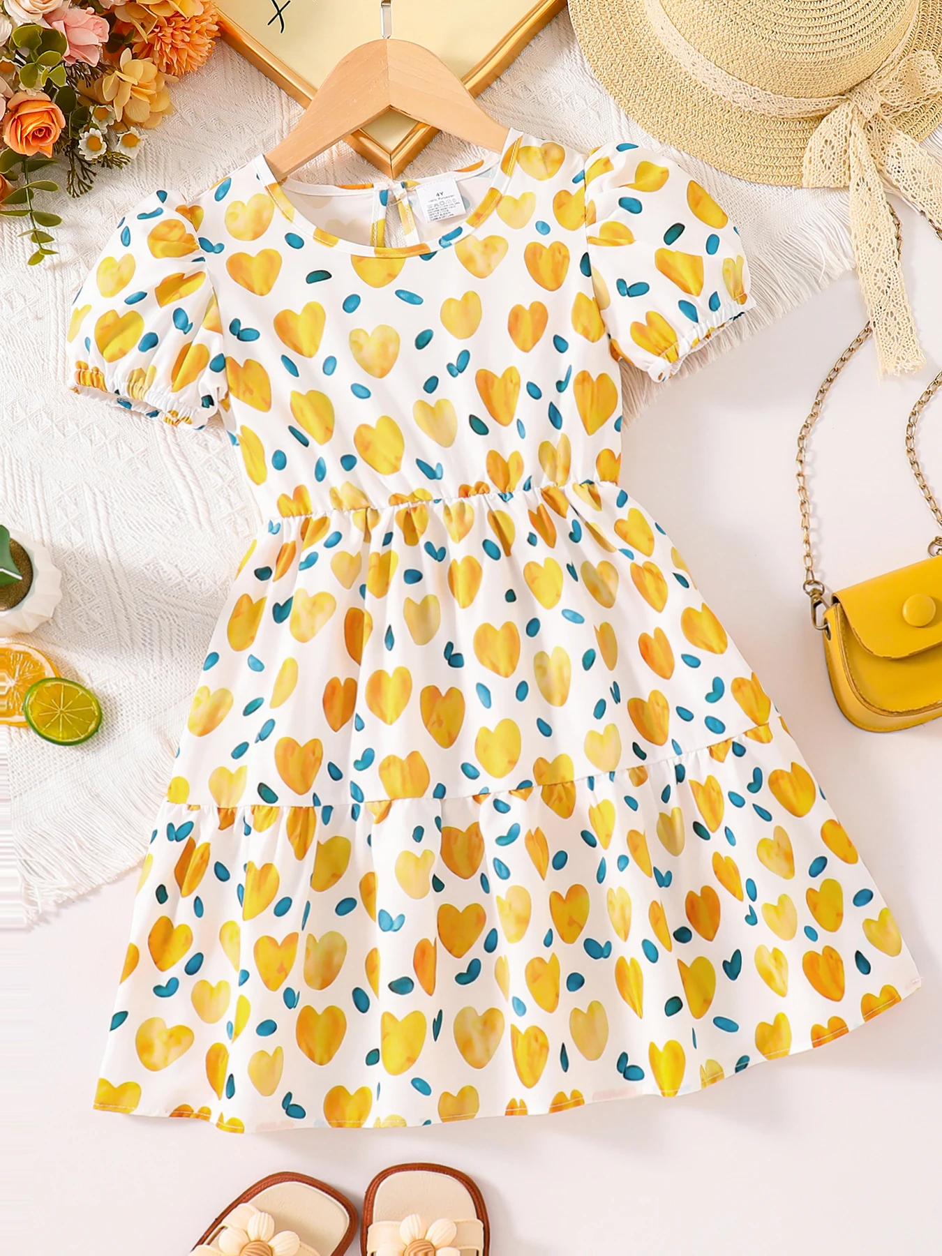 European and American Style Girls' Summer Thin Dress Clothing, Toddler Girls' Round Neck Short-Sleeve Versatile Dress, Girls' Waist-Cinching Heart-Print Fashion Puff-Sleeve Dress, Youthful and Sweet College-Style Mid-Length A-Line Dress for Girls Aged 4-5-6-7-8 Years, Suitable for Outdoor Activities, Casual Wear, Parties, and as a Holiday Gift