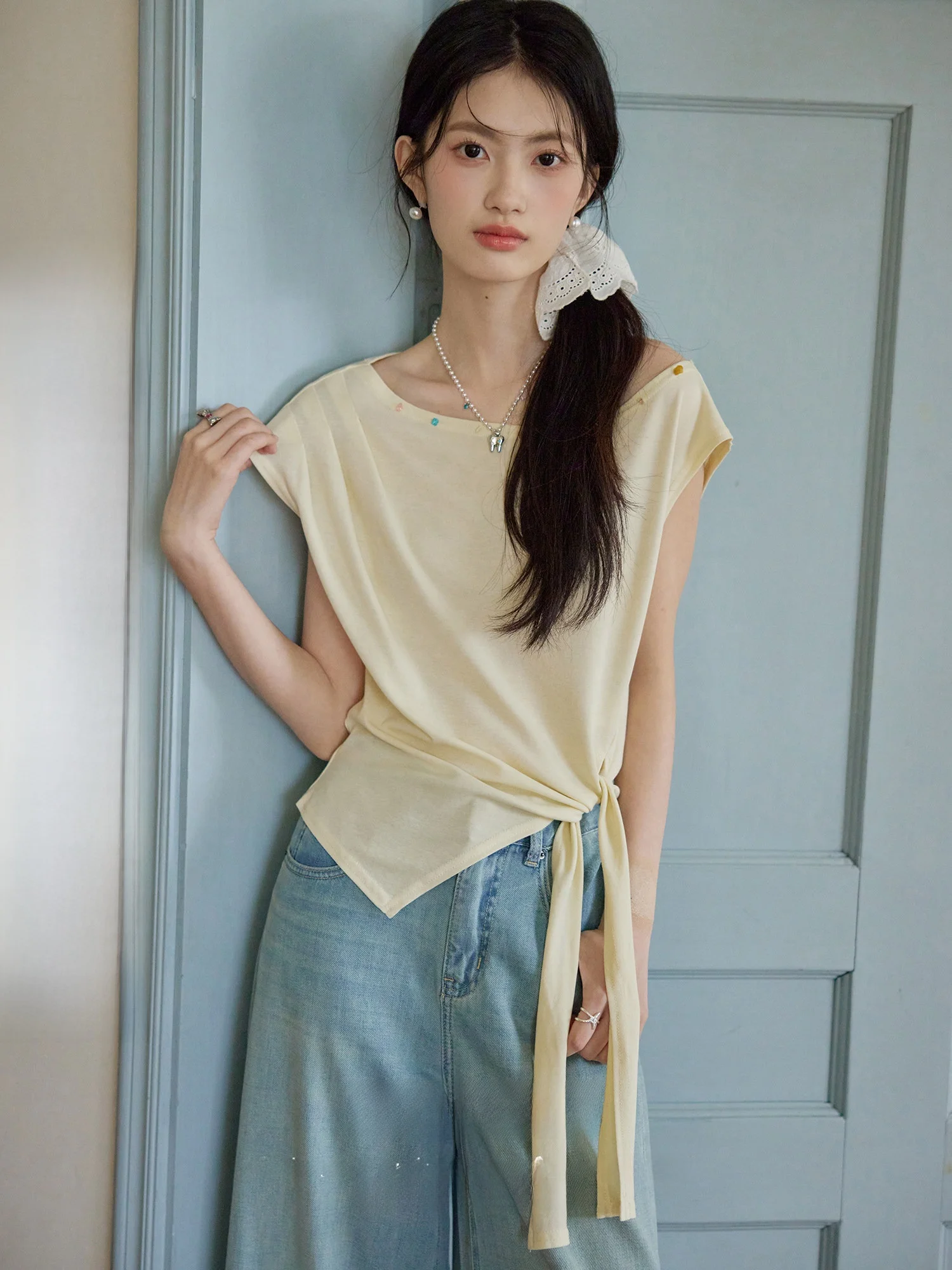 

ORWhite Летняя винтажная женская футболка с круглым вырезом, уникальным дизайном с бисером, коротким рукавом, присборенной талией, стандартный крой, хлопок