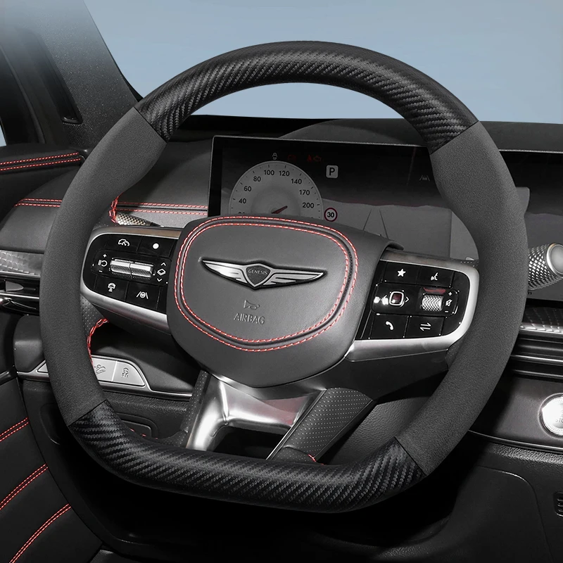 

For Genesis Suede Carbon Fiber PU Leather Steering Wheel Cover Fit Coupe Gv80 GV70 GV60 G90 G80 Cars Accessories Para Auto