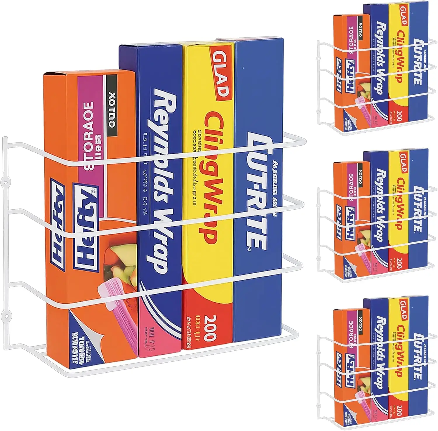 

Kitchen Wrap Organizer - 4 Pack - Plastic, Foil, Paper, Wax Storage - Cabinet Door or Wall Rack - Freezer, Sandwich, Laundry Sup