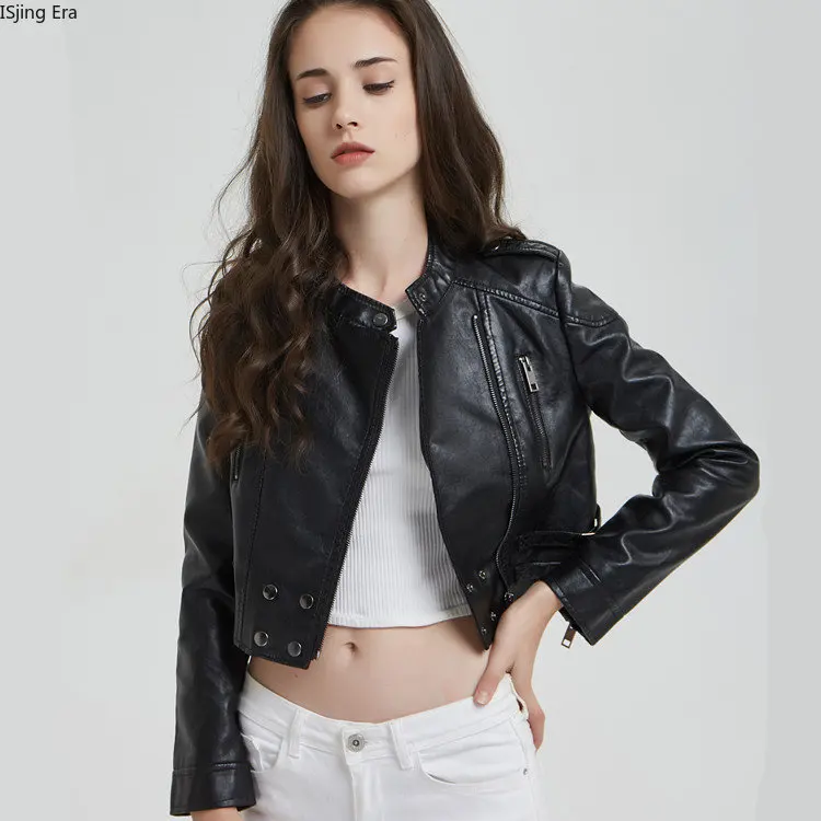 

2023Women Leather Coat Short Fit Standing Collar Motorcycle Leather Jacket Q4