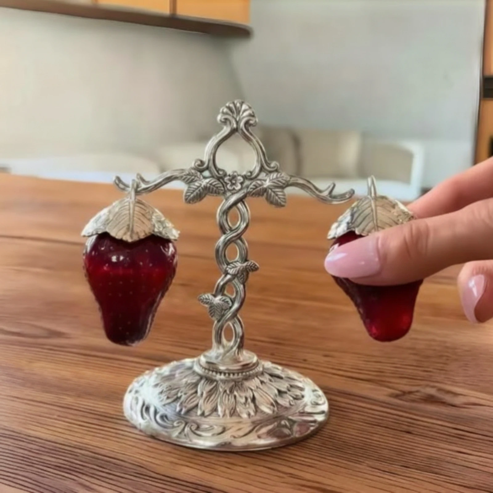 Strawberry Condiment Server Vintage-Style Condiment Holder with Stand Seasoning Cellar with Hanging Pots Ornate for Hosts view 3