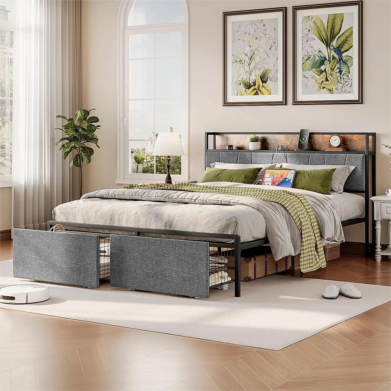 Queen Size Bed Frame with Headboard and Storage Drawers, Charging Station, Queen Bed Frame with Storage