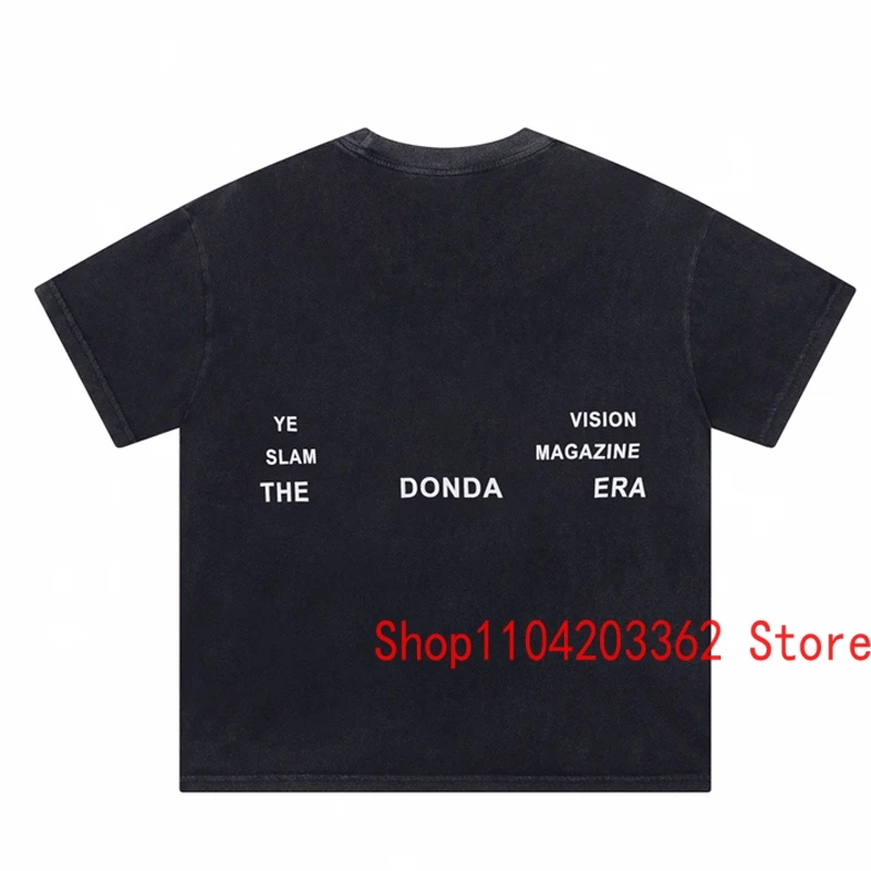 Vintage Washed Black Kanye West T-shirt Men Women High Street Loose Letter Print Crew-neck Tops Tee DONDA Short Sleeves