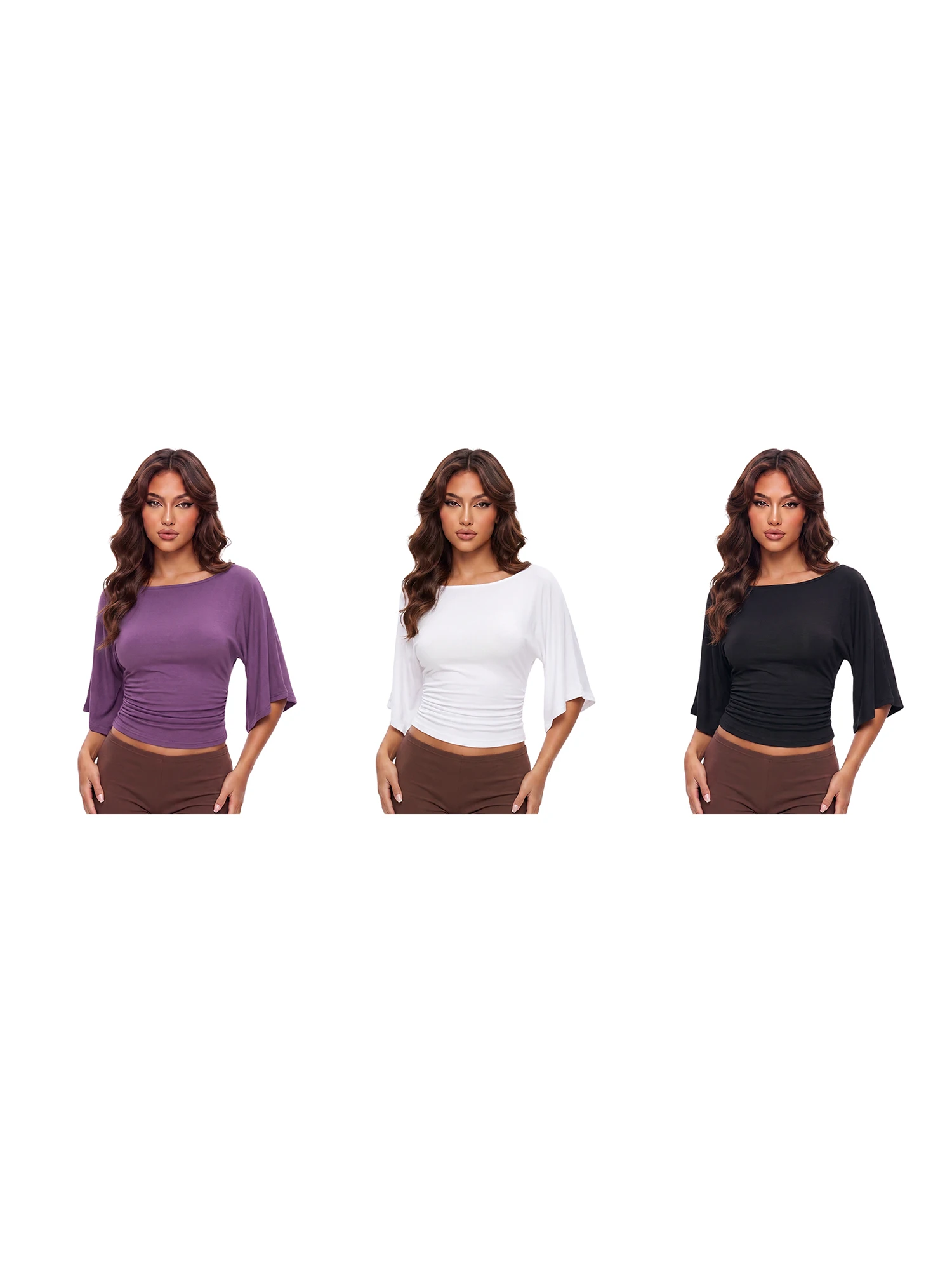 Damen-Sommer- und Herbst-Crop-Tops mit freiem Schulterbereich und Glockenärmeln, einfarbige T-Shirts – Detail 4