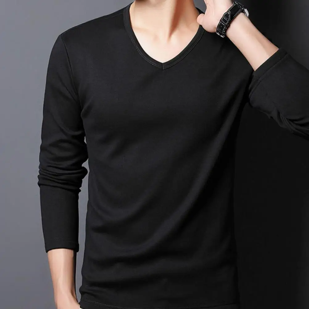 Velvet Lined Men Thermal Underwear Tops Long-sleeved Men Top V Neck Elastic Long Sleeve Bottoming T-shirt Soft Pullover Johns