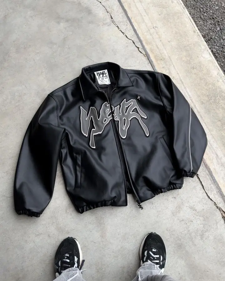 Hip Hop Retro Letter Pattern Kurtki dla mężczyzn Y2k Harajuku Fashion Pu Leather Jacket Long Sleeve Zipper Jackets Coat Streetwear