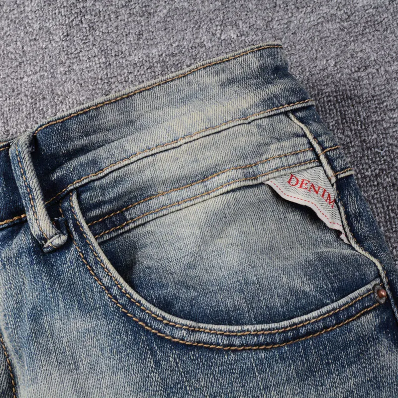 Fashion Vintage Men Jeans High Quality Retro Washed Blue Stretch Slim Fit Ripped Jeans Men Embroidery Designer Denim Pants Homme