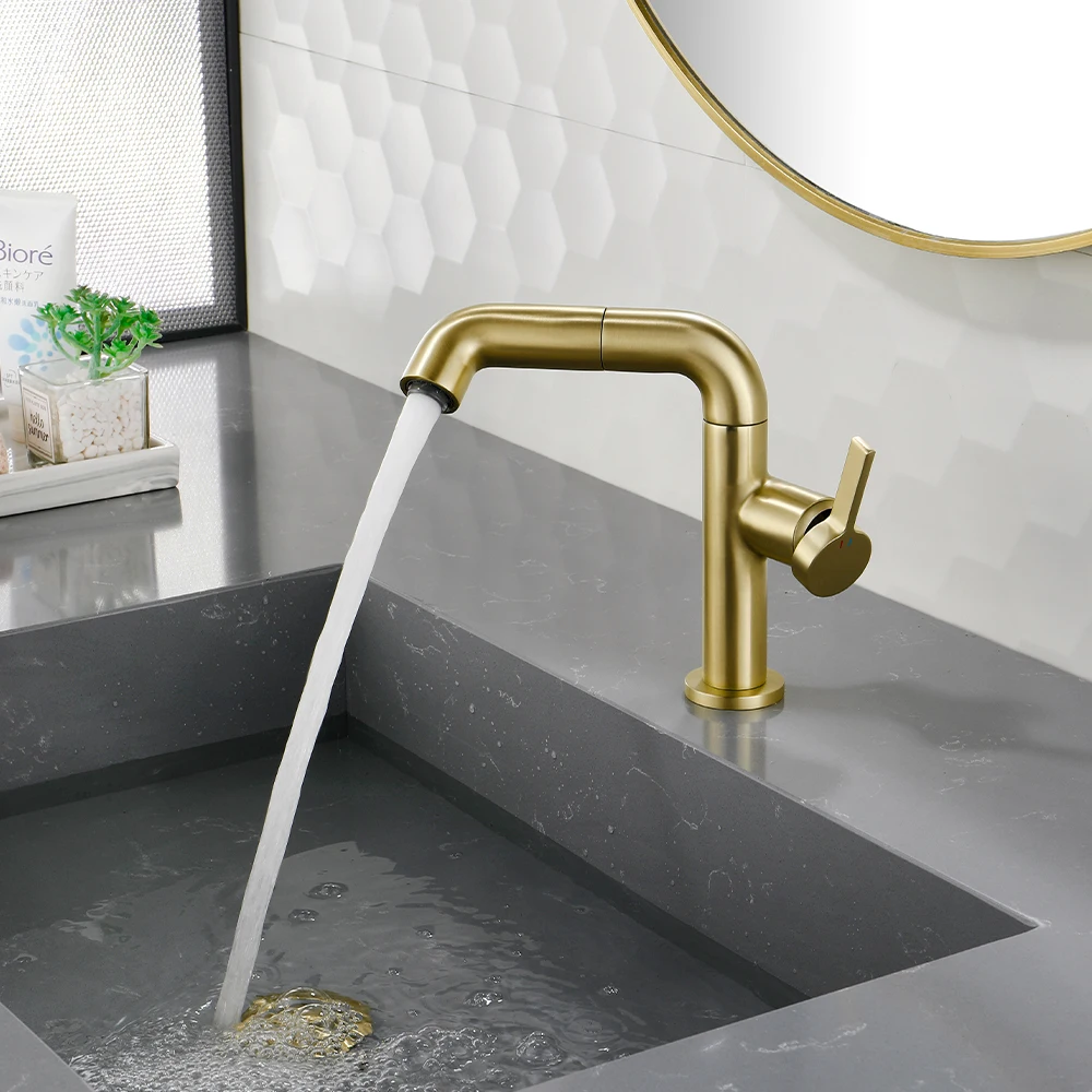 

SKOWLL Rotating Pull Down Bathroom Faucet, Single Handle 360° Rotatable Pull Out Sink Mixer Tap with Sprayer for Lavatory