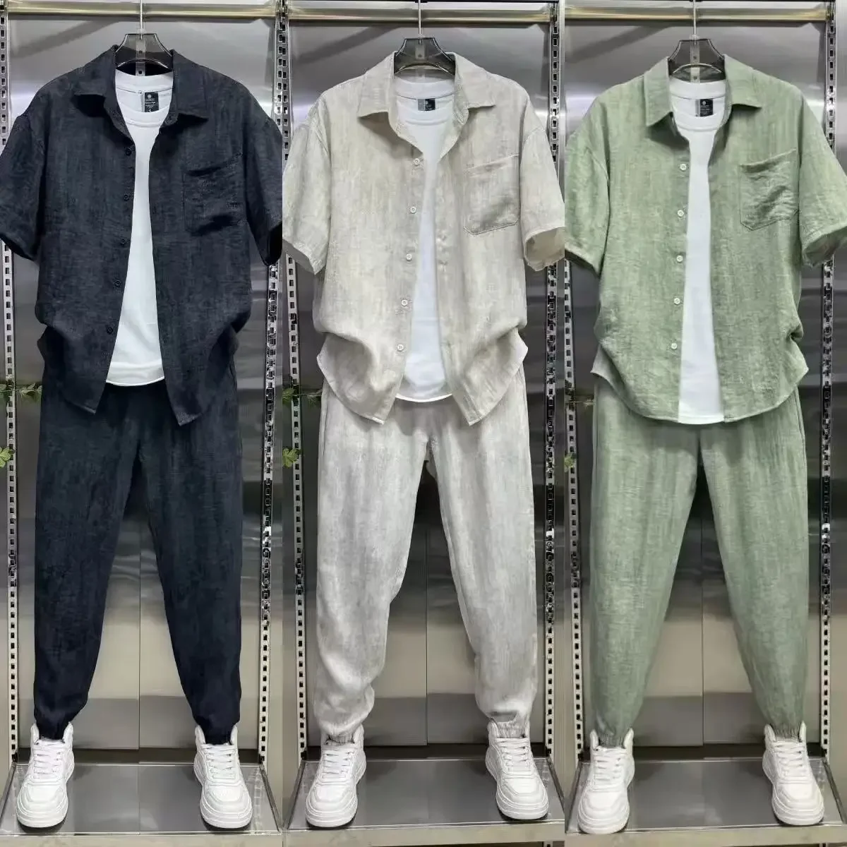 

Новый летний повседневный костюм, мужская рубашка с лацканами, брюки, комплект из двух предметов, удобная универсальная спортивная одежда